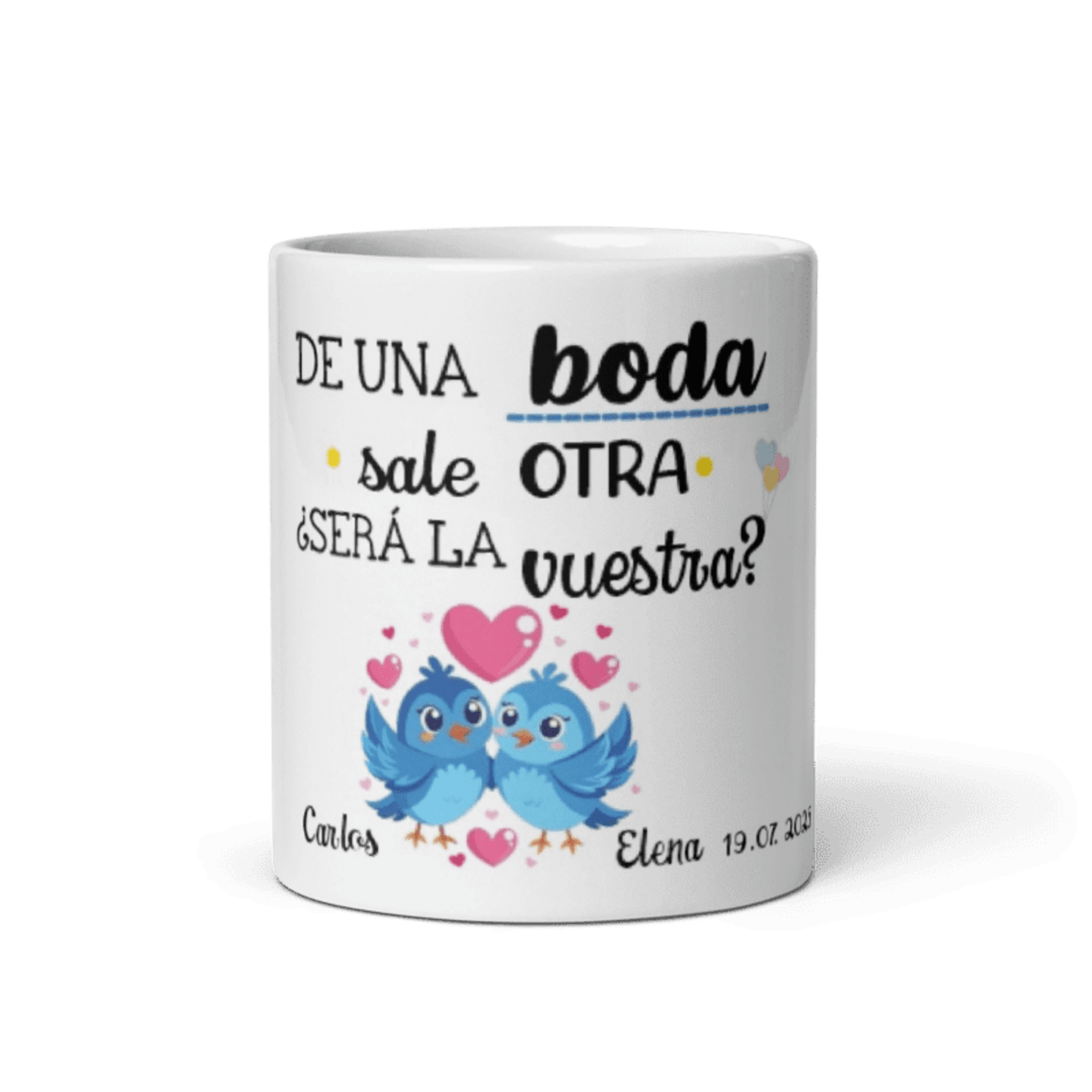 Taza de una boda sale otra boda, regalo invitados. Modelo pajarillos - 1