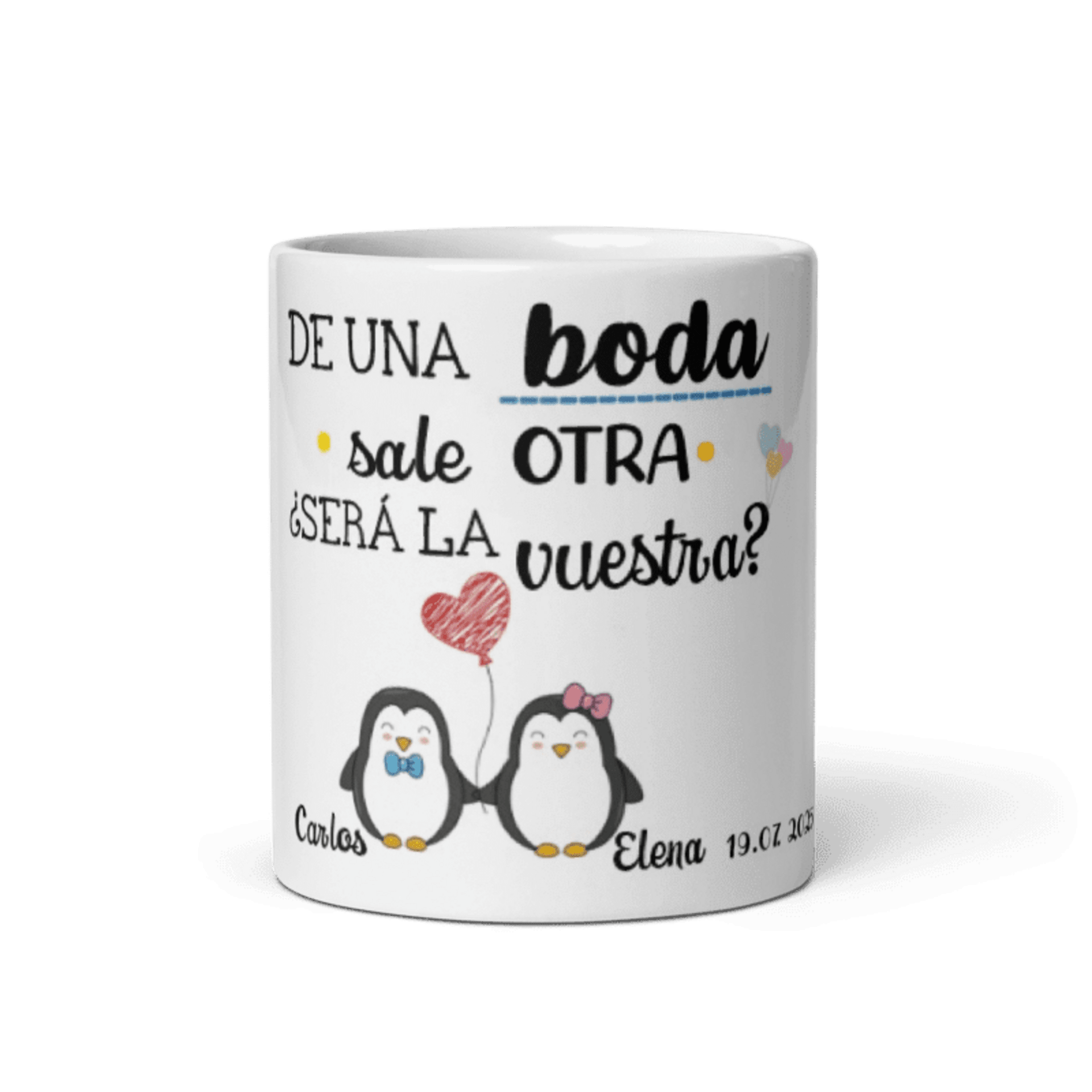 Taza de una boda sale otra boda, regalo invitados. Modelo pingüinos - 1